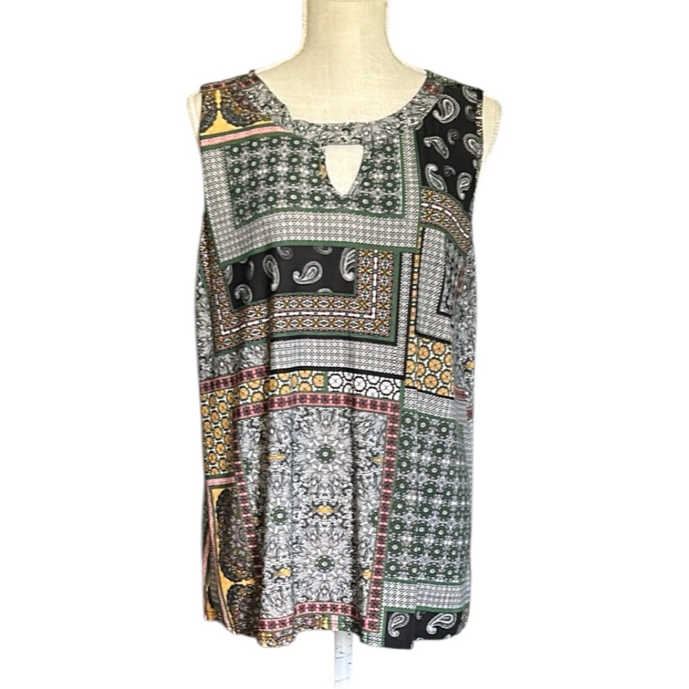 Rue JuJu Chic green black red & white dressy sleeveless top geometric print XL
